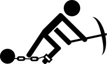 Outline of a person with a ball an chain attached to their foot and using a pick axe to symbolise guilt